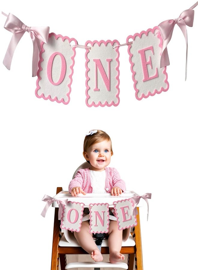 Moonlik One High Chair Banner Girls - Pink Bow 1st Birthday Banner Girl Fairy First Birthday Party Decorations Non-Toxic Fabric with Double Satin Bows - Image 1